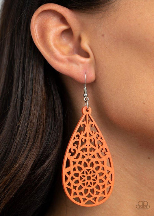 PAPARAZZI "SEASIDE SUNSETS" ORANGE STENCILED TEARDROP WOODEN EARRINGS