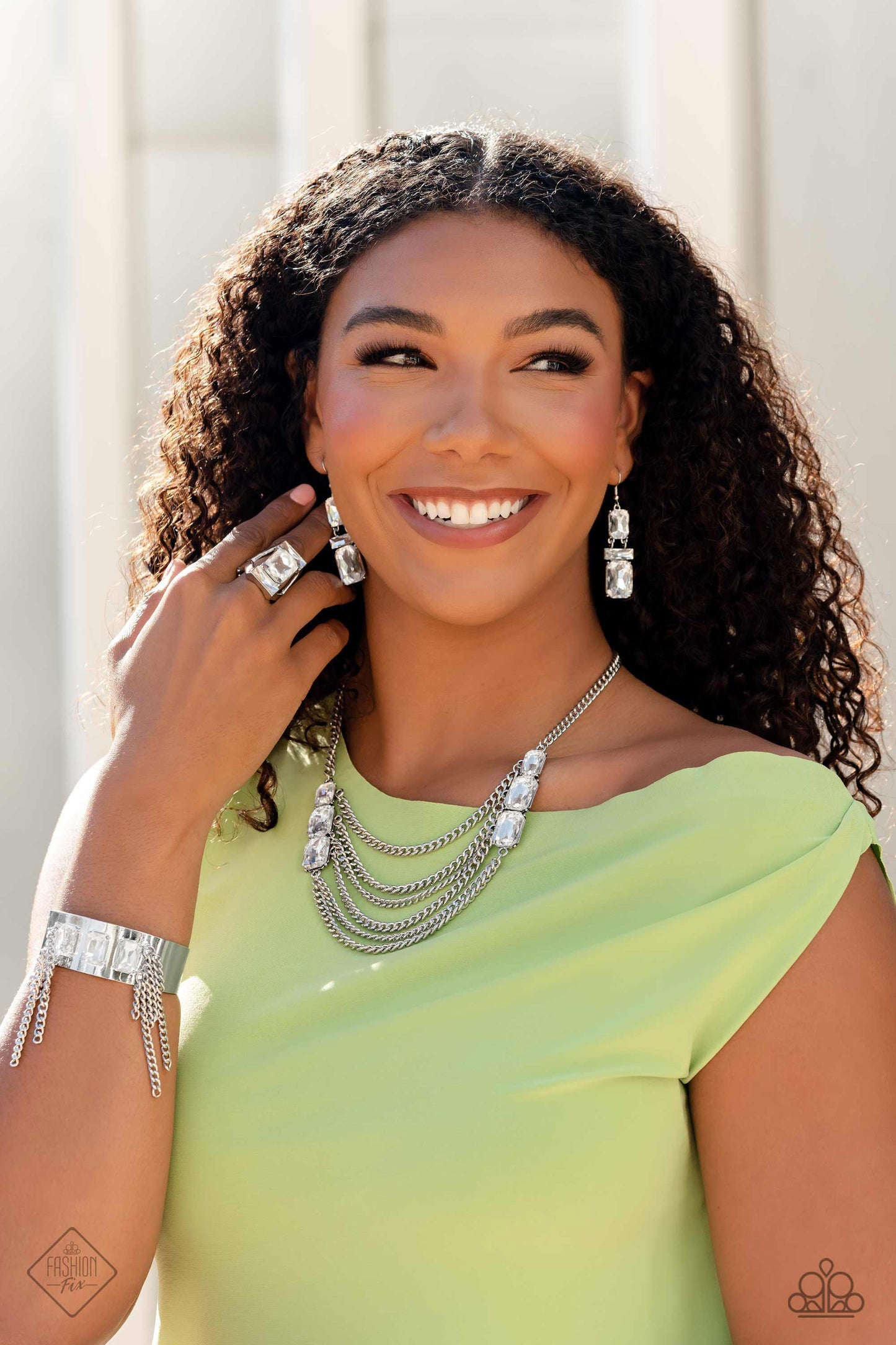 Necklace: Come CHAIN or Shine - White" Earring: "CHAIN Check - White" Bracelet: "CHAIN Showers - White" Ring: "Right As CHAIN - White