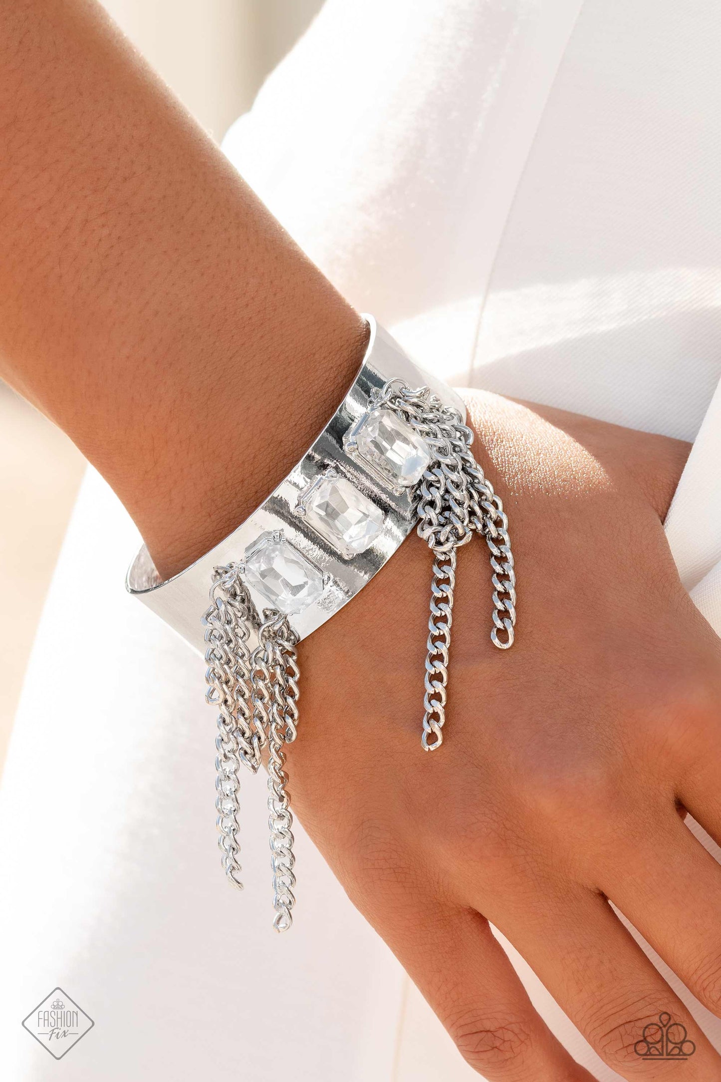 Necklace: Come CHAIN or Shine - White" Earring: "CHAIN Check - White" Bracelet: "CHAIN Showers - White" Ring: "Right As CHAIN - White