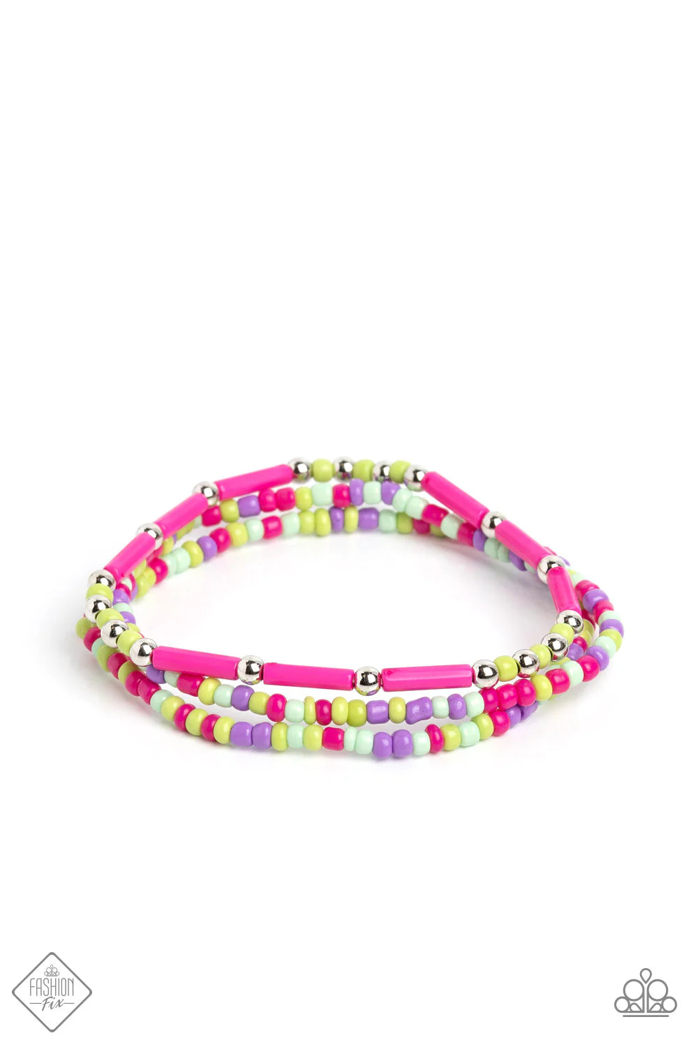 PAPARAZZI "COASTAL COMPOSITION" PINK NECKLACE/PAPARAZZI "COMBER CANVAS" SILVER BRACELET/PAPARAZZI "FORESHORE FIGURINE" SILVER EARRINGS/PAPARAZZI "SHORELINE SKETCH" PINK BRACELET