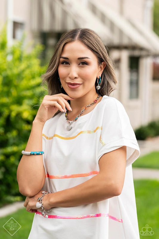 Paparazzi Colorful Candidate - Multi Necklace Hoop Earring: "Cherishing Color - Blue" Bracelet: "Color Caliber - Blue" Bracelet: "Charming Color - White