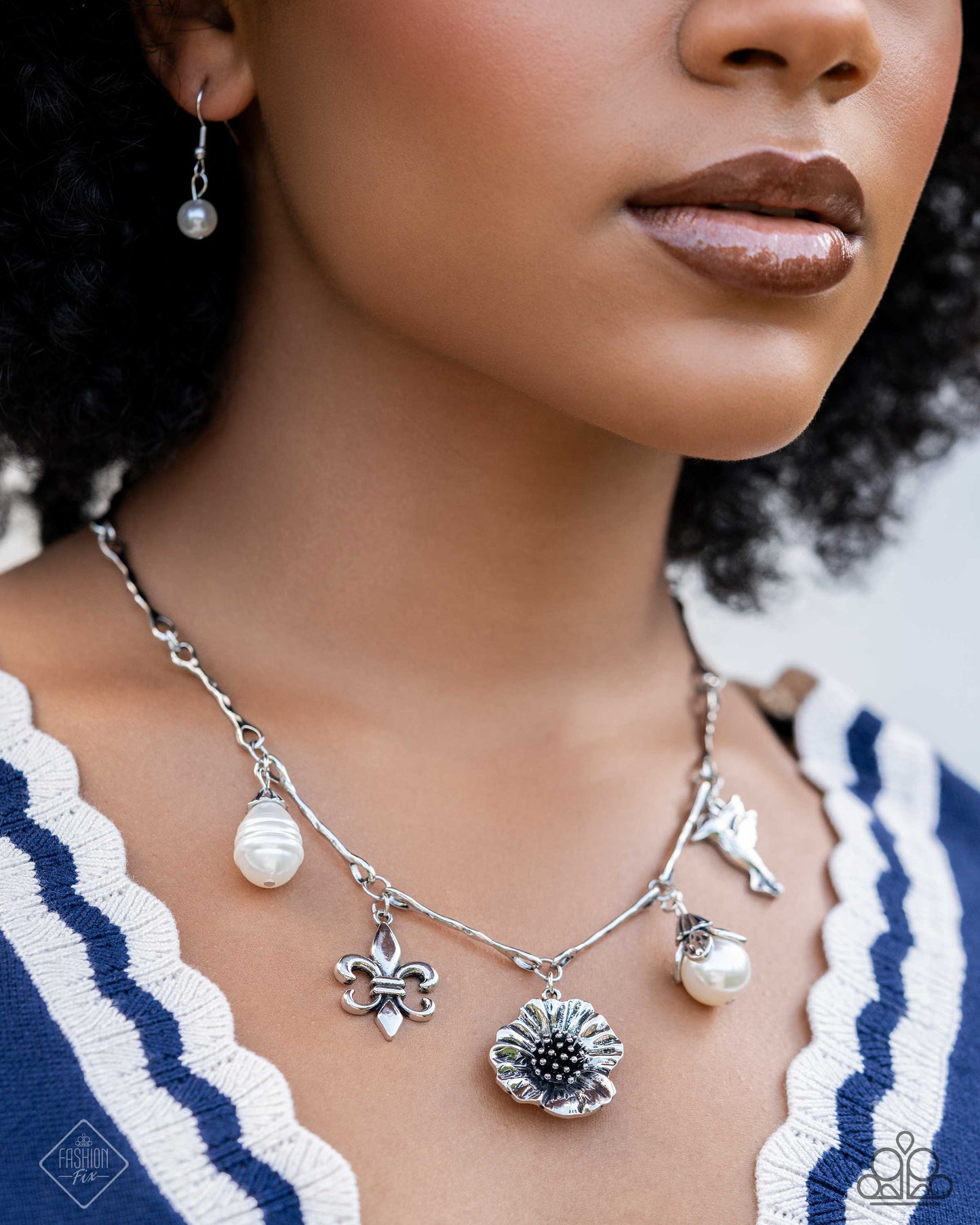 Necklace: "Vintage Vibe - White" Post Earring: "Nod to the Classics - White" Bracelet: "Enduring Energy - Blue" Ring: "Antique Adornment - Silver