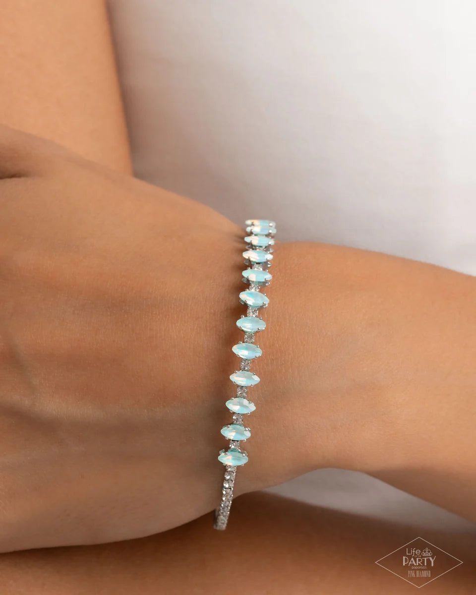 DANDY DANCE - BLUE RHINESTONE SILVER COIL FLEX CUFF BRACELET - PINK DIAMOND BRING BACK - PAPARAZZI