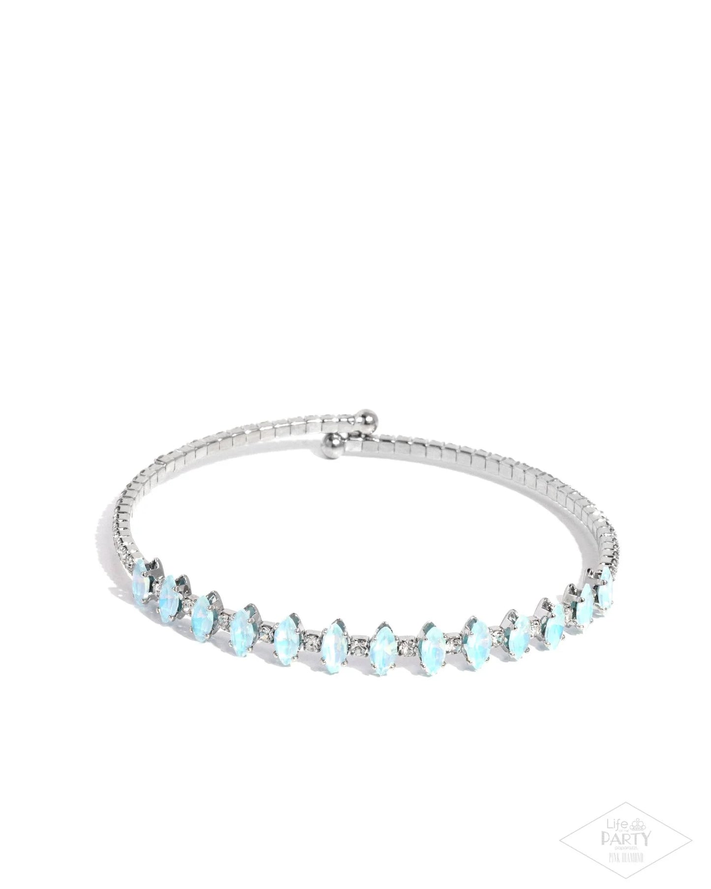 DANDY DANCE - BLUE RHINESTONE SILVER COIL FLEX CUFF BRACELET - PINK DIAMOND BRING BACK - PAPARAZZI