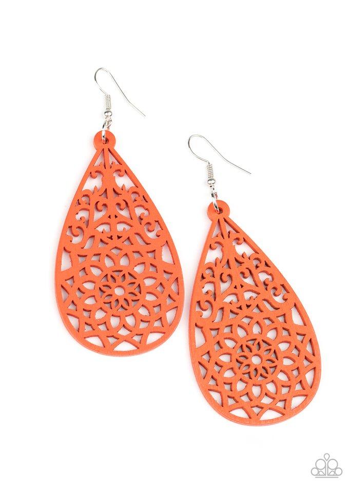 PAPARAZZI "SEASIDE SUNSETS" ORANGE STENCILED TEARDROP WOODEN EARRINGS