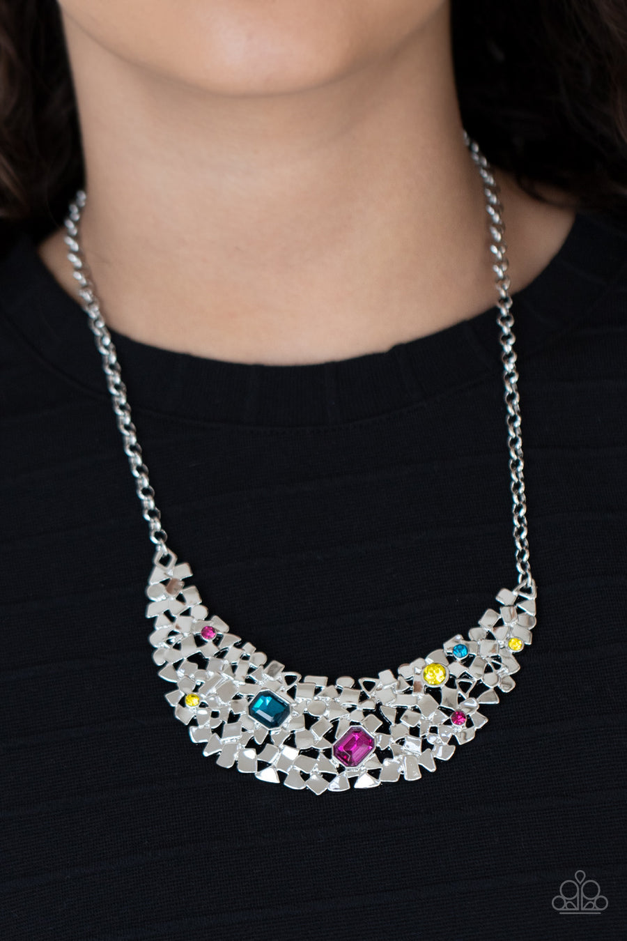 FABULOUSLY FRAGMENTED - MULTI COLORED GEM SILVER STATEMENT NECKLACE - PAPARAZZI