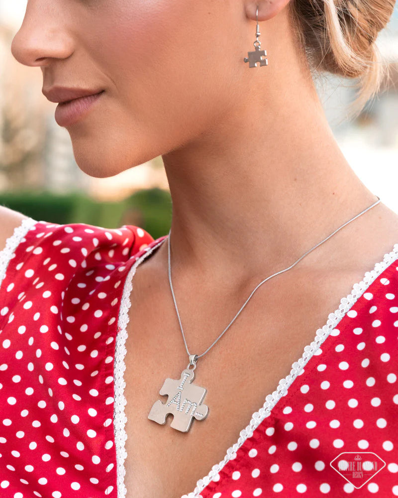 A PIECE OF THE PUZZLE - WHITE RHINESTONE "I AM…" SILVER SHORT NECKLACE - EMPIRE DIAMOND EXCLUSIVE - PAPARAZZI