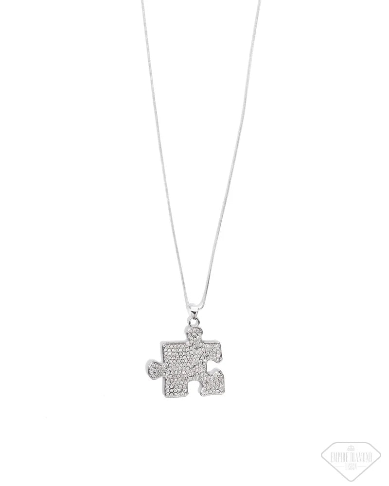 A PIECE OF THE PUZZLE - WHITE RHINESTONE "I AM…" SILVER SHORT NECKLACE - EMPIRE DIAMOND EXCLUSIVE - PAPARAZZI