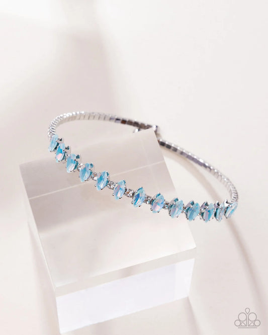 DANDY DANCE - BLUE RHINESTONE SILVER COIL FLEX CUFF BRACELET - PINK DIAMOND BRING BACK - PAPARAZZI