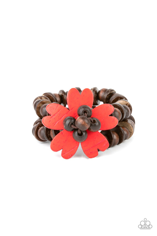 TROPICAL FLAVOR - RED FLOWER - BROWN WOOD BRACELET