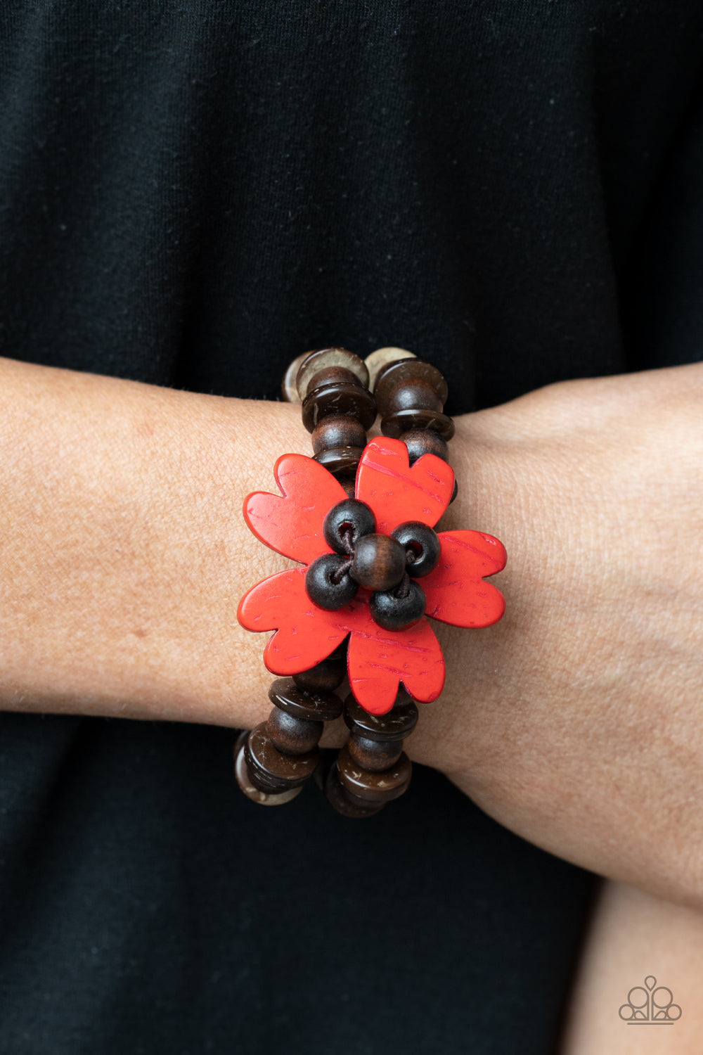 TROPICAL FLAVOR - RED FLOWER - BROWN WOOD BRACELET